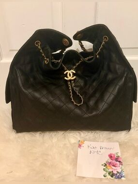 CHANEL 25 Medium Black Quilted Leather Drawstring Shoulder Hobo with Gold Chain